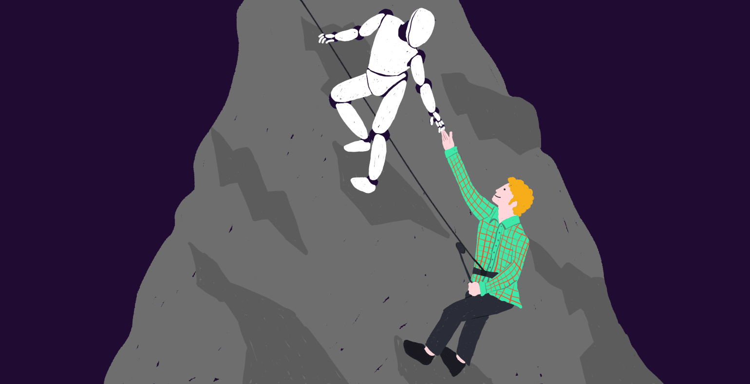 a data science robot helps a person up a hill