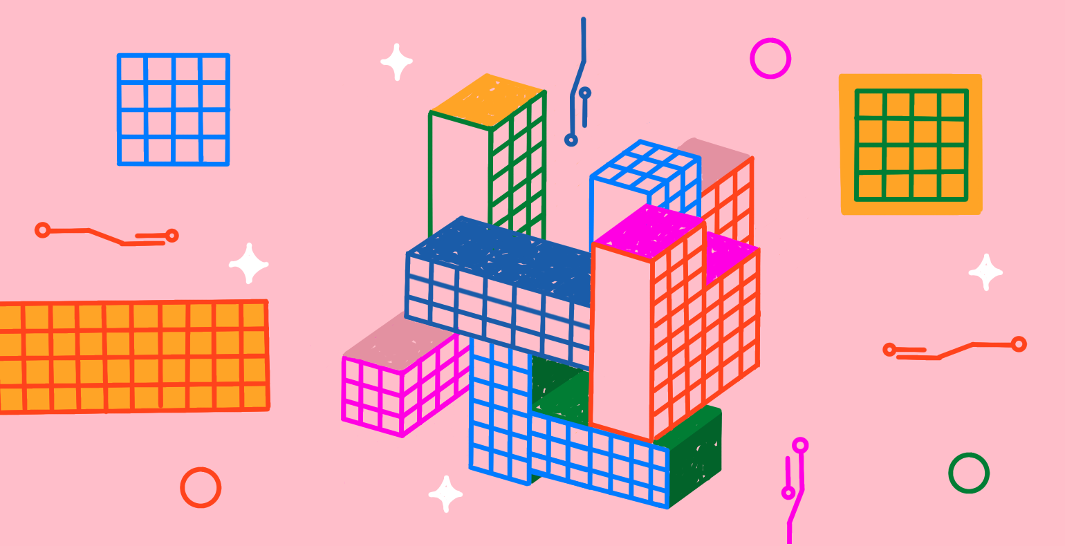 A colourful illustration of abstract, grid-patterned blocks arranged in a 3D structure, surrounded by geometric shapes and circuit-like lines on a pink background.