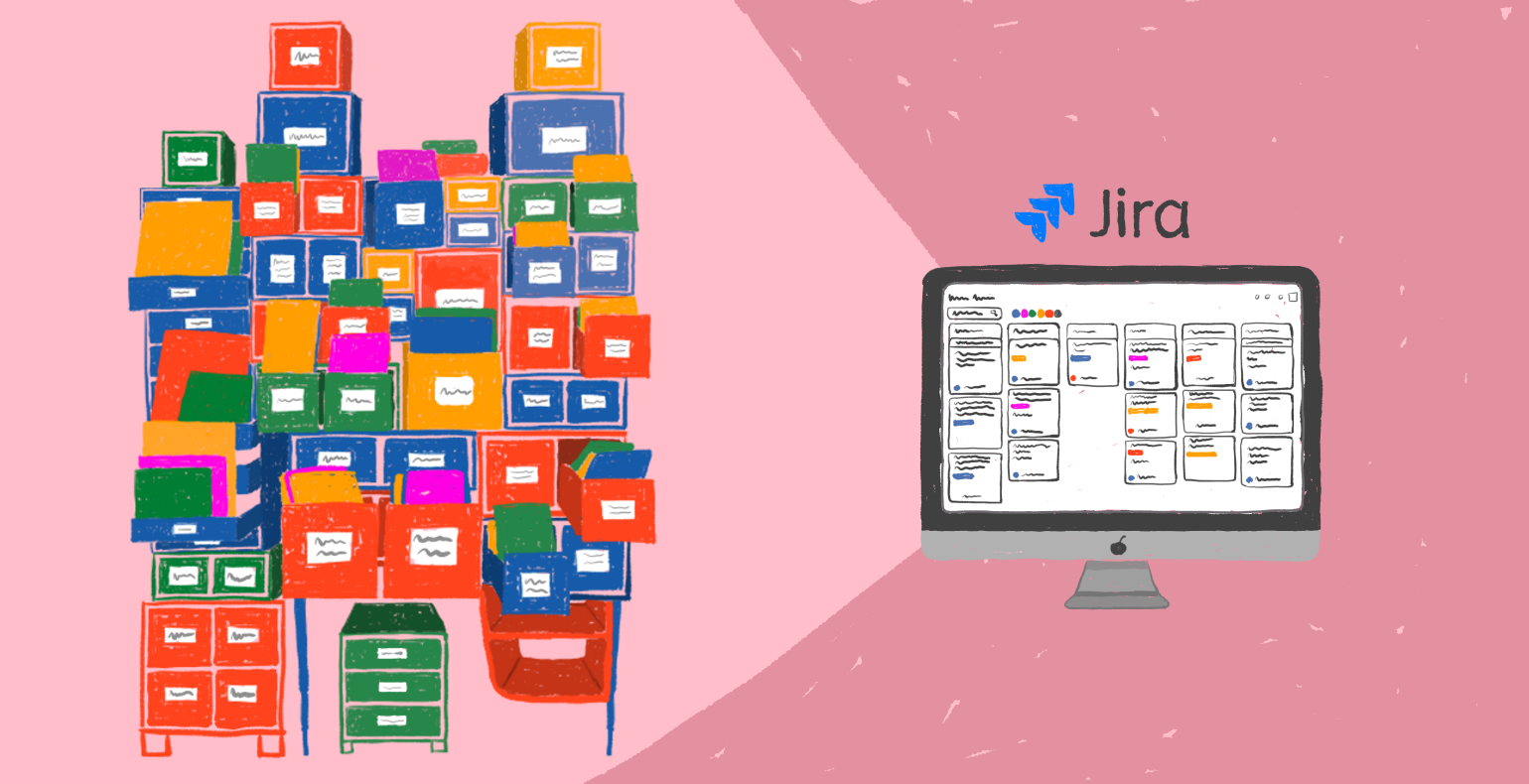 Illustration of scattered pieces of information moving to Jira. Old pink background.