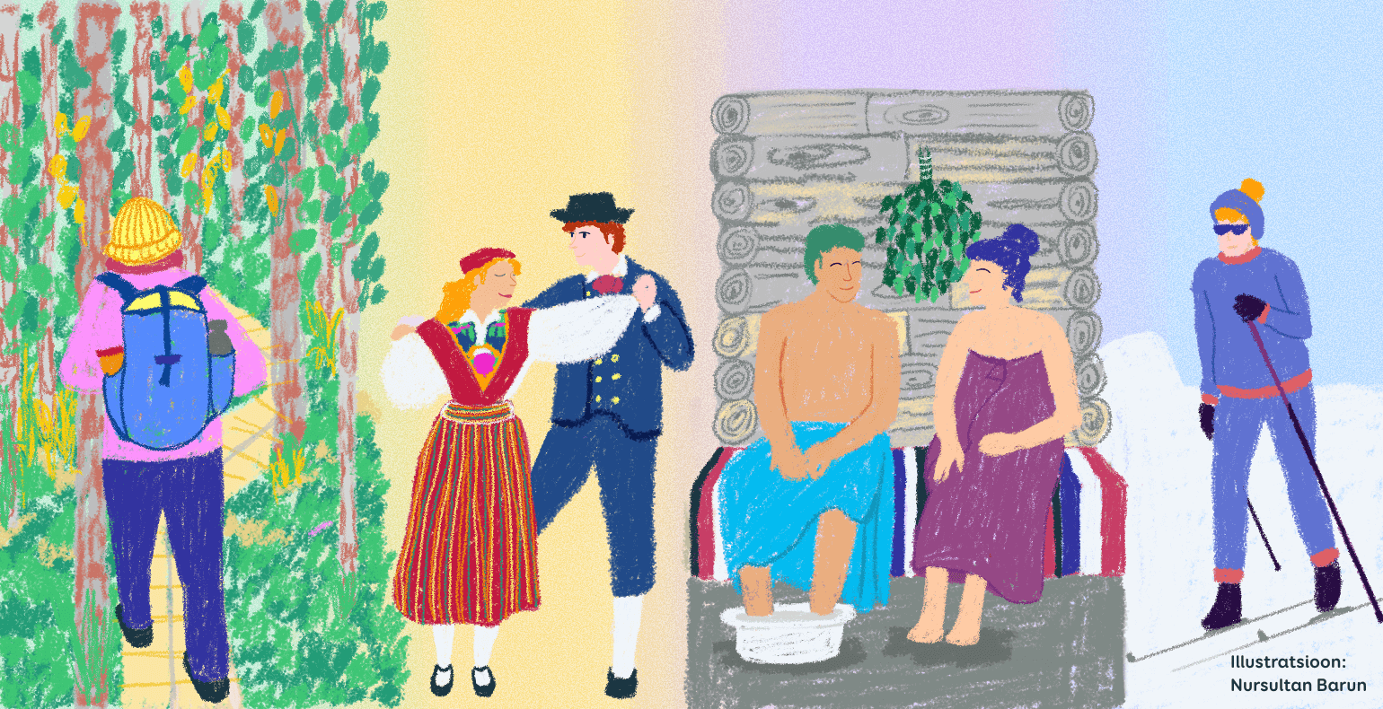 Pilt Eesti traditsioonidest: rahvariietes paar tantsib rahvatantsu, teine paar istub saunas, üks inimene suusatab ja teine jalutab metsas.