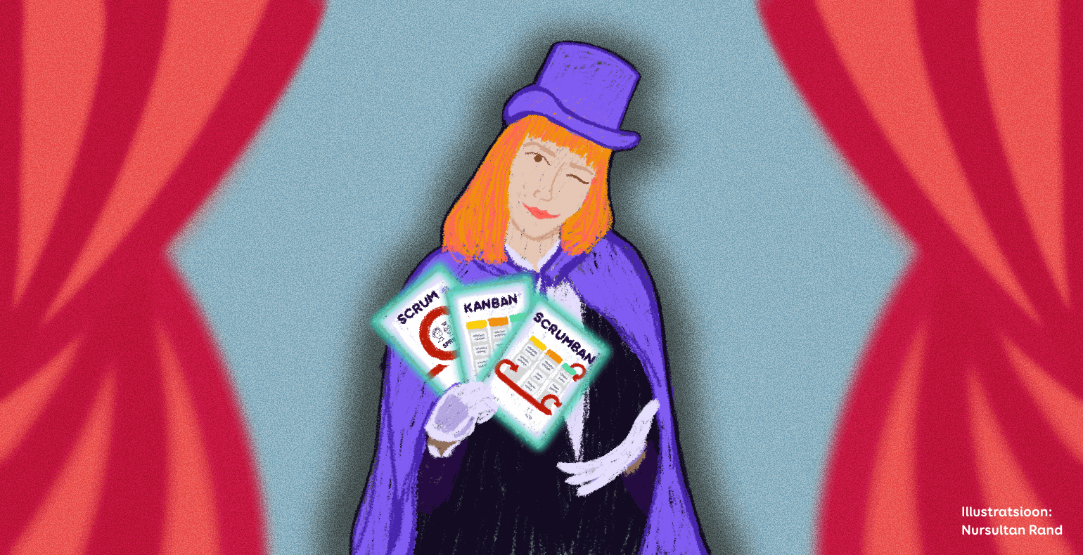 A wizard with cards in his hands with the inscriptions Scrum, Kanban and Scrumban