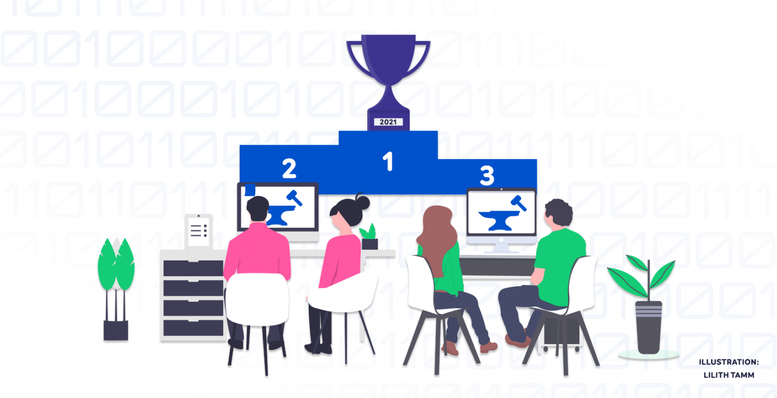 Illustration of four judges deciding on Codegeist hackathon 2021 winners 