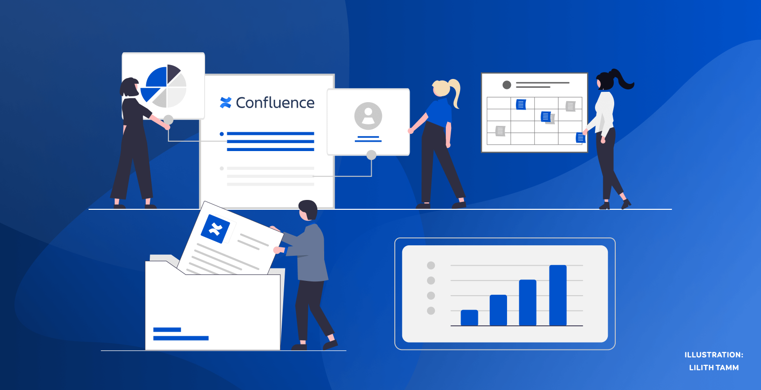 Illustration of people managing different views in Confluence  