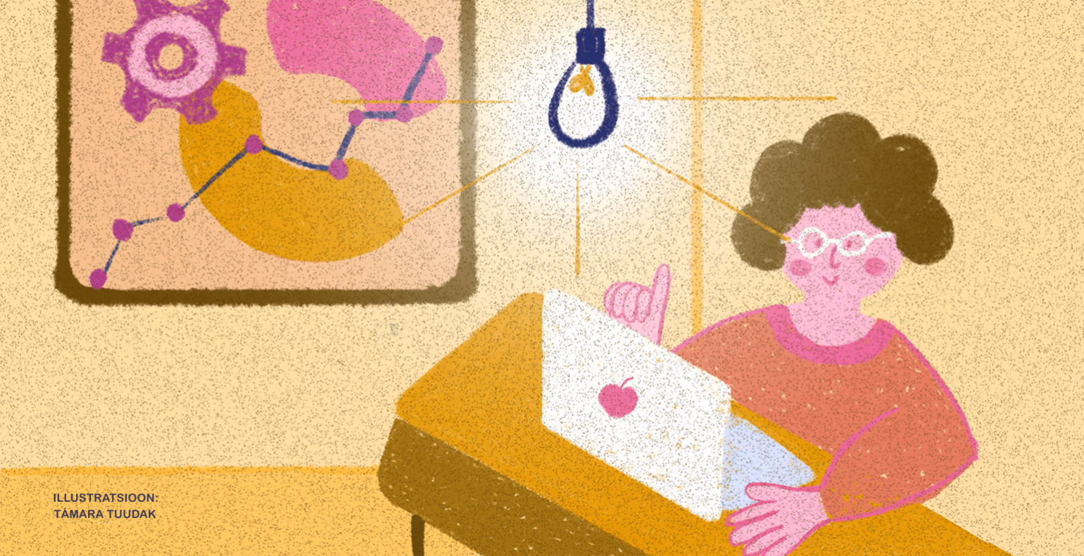 Illustratsioon inimesest, kes töötab sülearvutiga ning viipab mõtlikult; taustal põlev lambipirn ja andmevisualiseering graafiku ning hammasratastega.