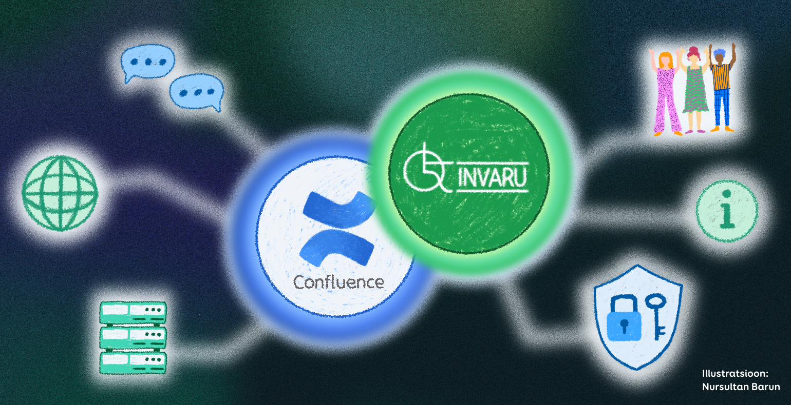 Illustration with Invaru's and Confluence logos that via connect as intranet via different elements. Main colours: green and blue.