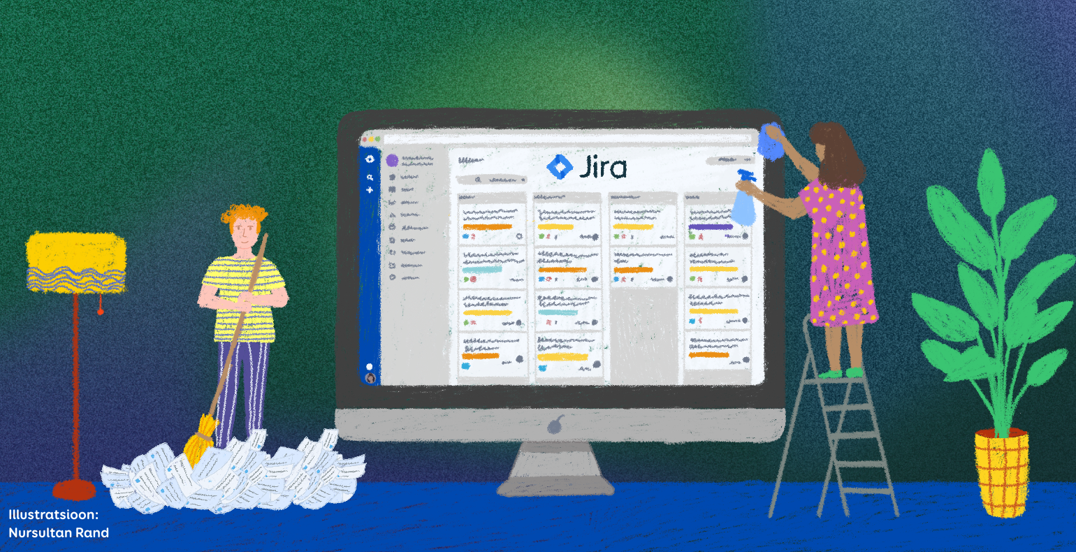 Illustration of people performing cleanup tasks in Jira.