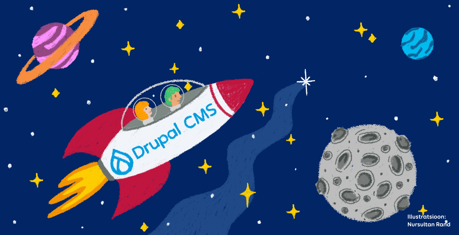 A rocket with "Drupal CMS" written on it moves between planets