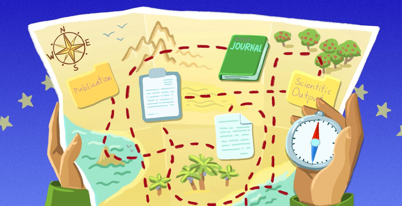 An illustration of a person holding a map and a compass, exploring the journey of scientific research marked with points such as “Publication,” “Journal,” and “Scientific Output.”