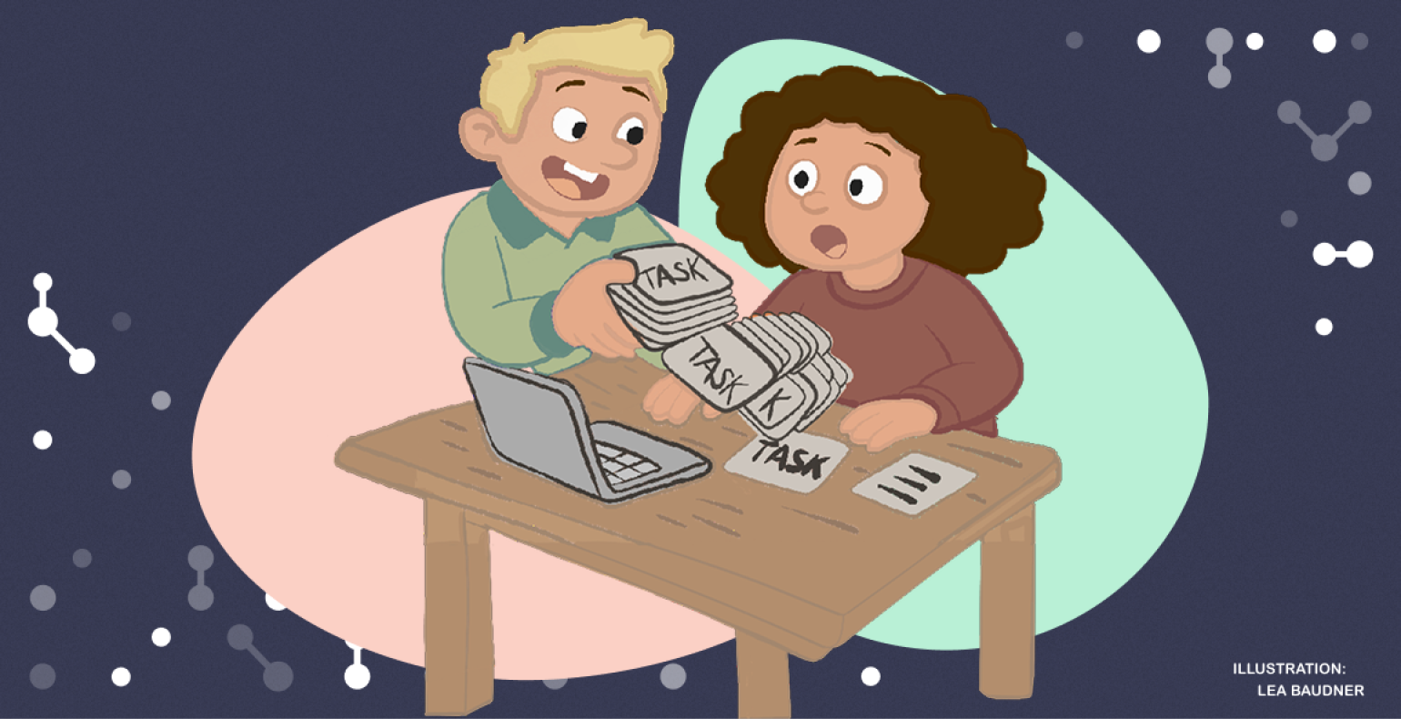 A cheerful person is handing a large stack of tasks to a surprised and overwhelmed colleague sitting at a desk with a laptop.