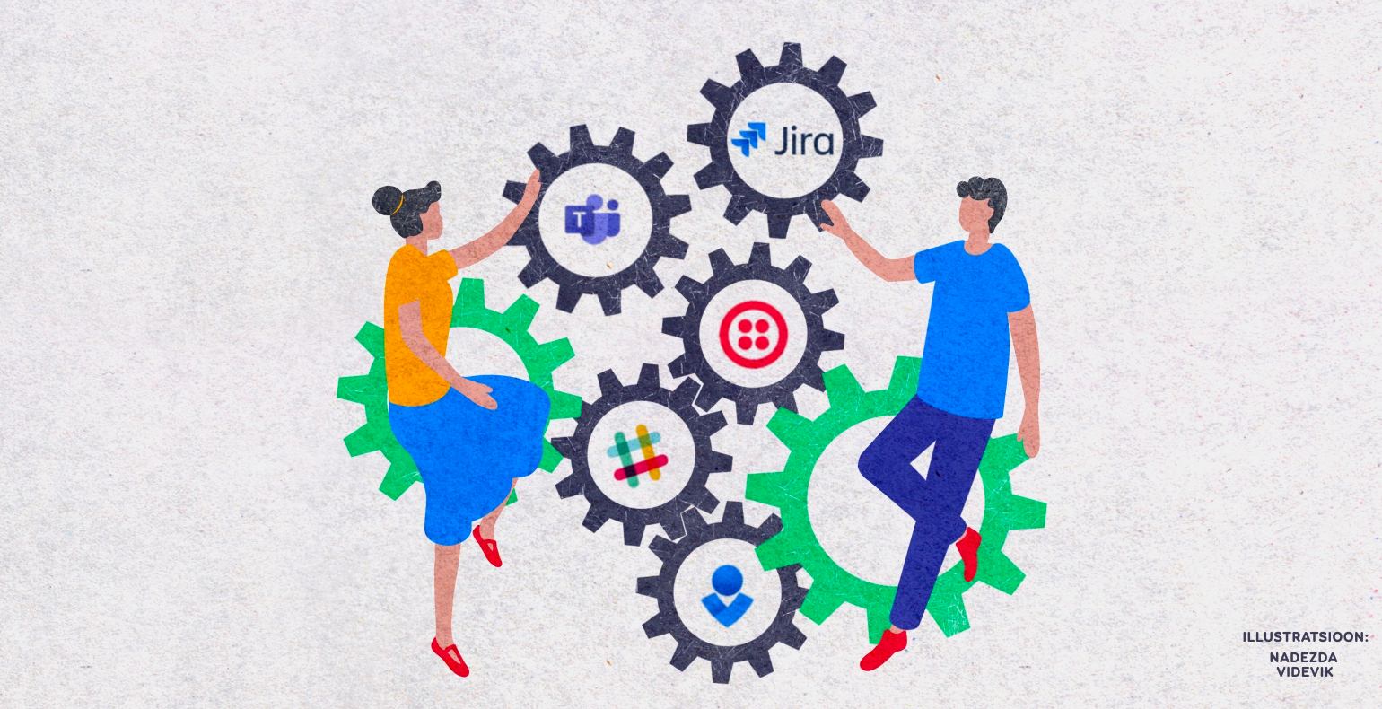 A man and a woman visualizing different Jira Automation integration options with other tools