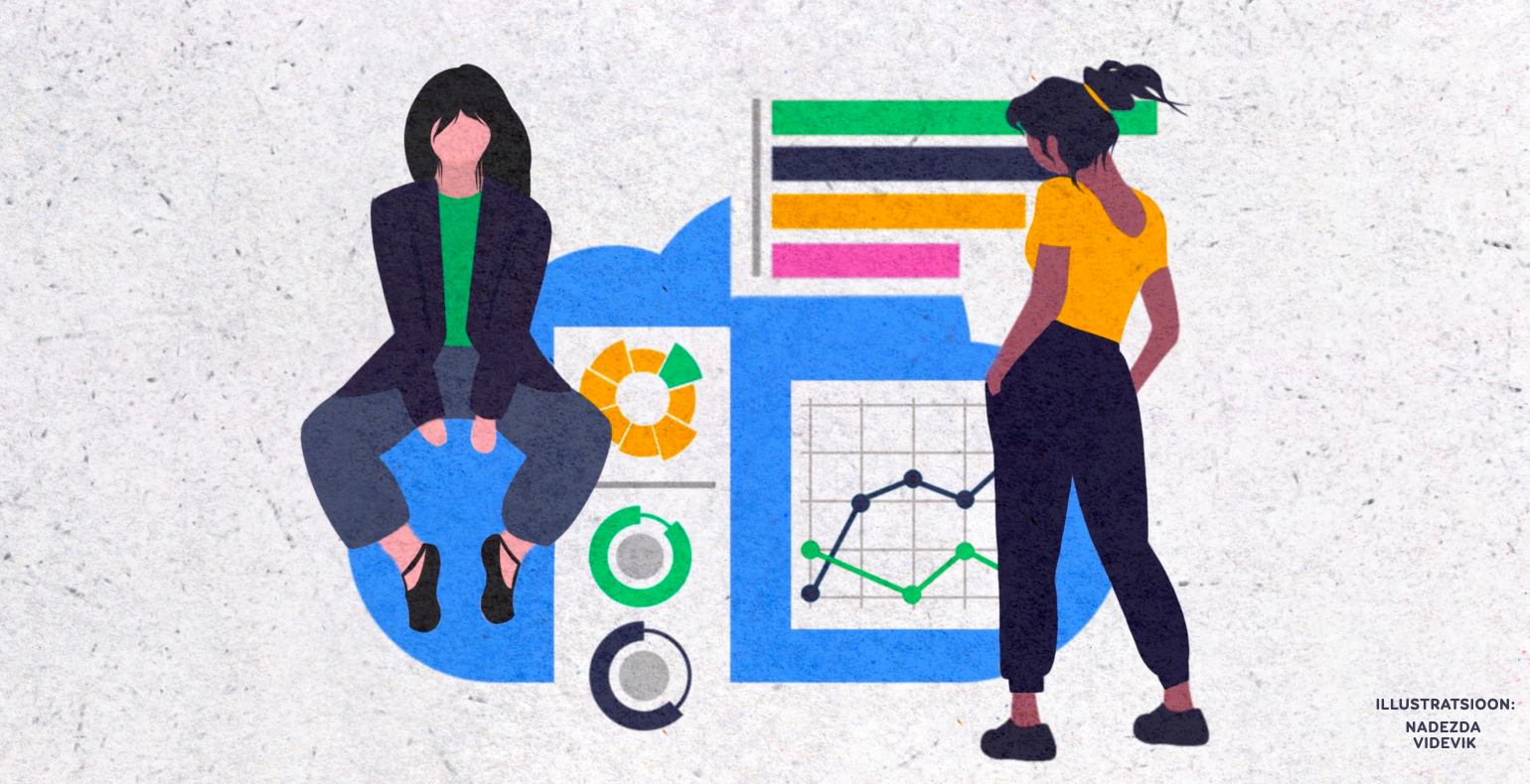 Two women looking at different data statistics and thinking about its location.