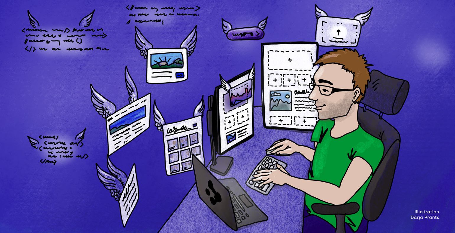The illustration shows a man working on a laptop, surrounded by winged user interface elements and snippets of code that appear to be floating around him in a creative workflow.