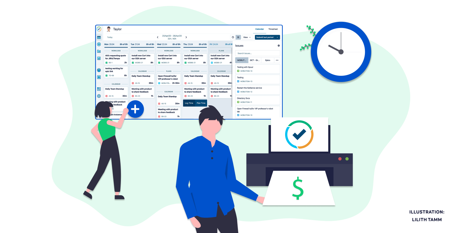   Illustration of a man and woman benefitting from logged time in Tempo Timesheets.