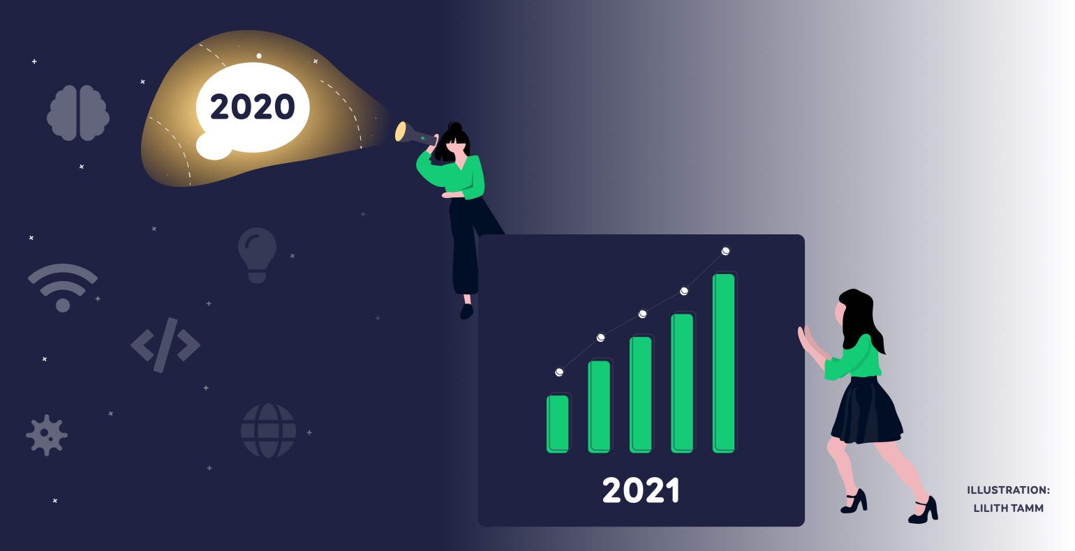 illustratsioon tagasivaatest, kus naine vaatab pikksilmaga aastat 2020 ning tulevikutrendidest, kus naine lükkab ette tulpdiagrammi aastaks 2021