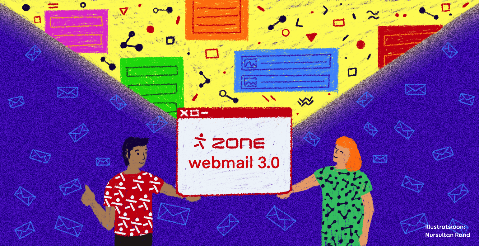Kaks inimest hoiavad veebibrauseri akent tekstiga "Zone webmail 3.0", nende ümber on värviline digitaalsümbolitega taust ja lendlevad ümbrikud, viidates uuele e-posti teenusele.
