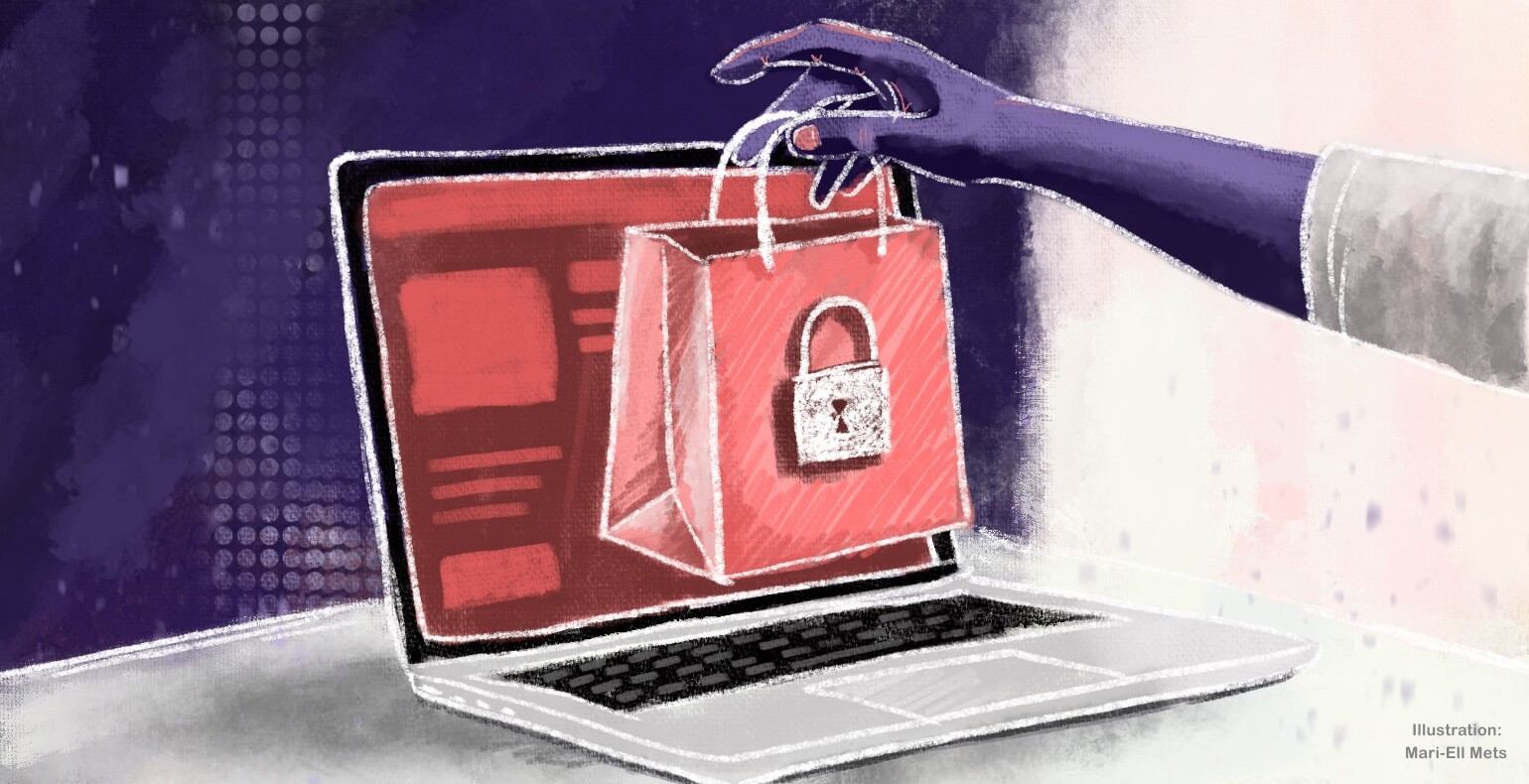 The picture shows an open computer and a shopping bag with a padlock