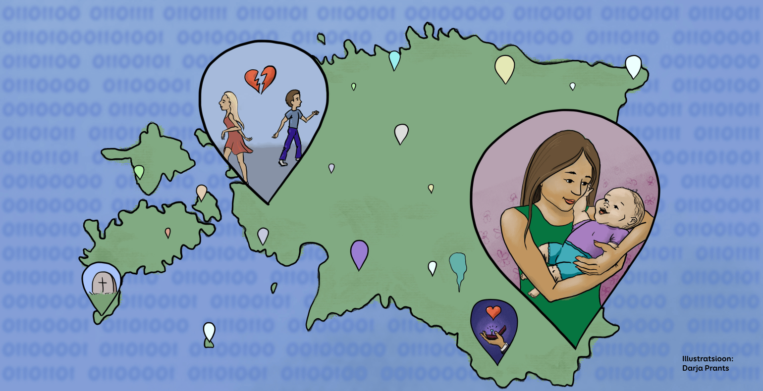 Map of Estonia with graphical elements of life event services