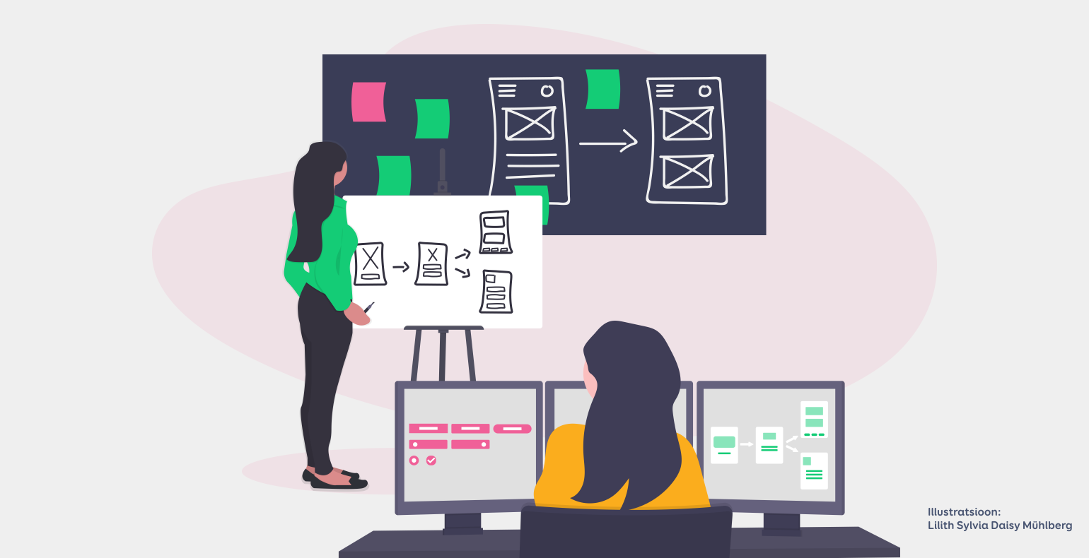 UX designer is drawing the user journey onto the board and UI designer is creating components in computer.