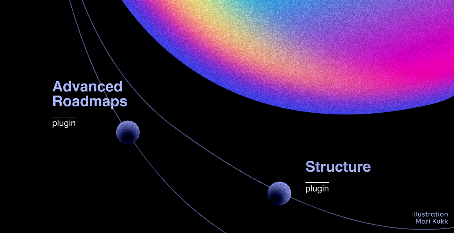 Illustration of Advanced Roadmaps and Structure applications. Colors - neon purple and pink. Colorful dots on black canvas