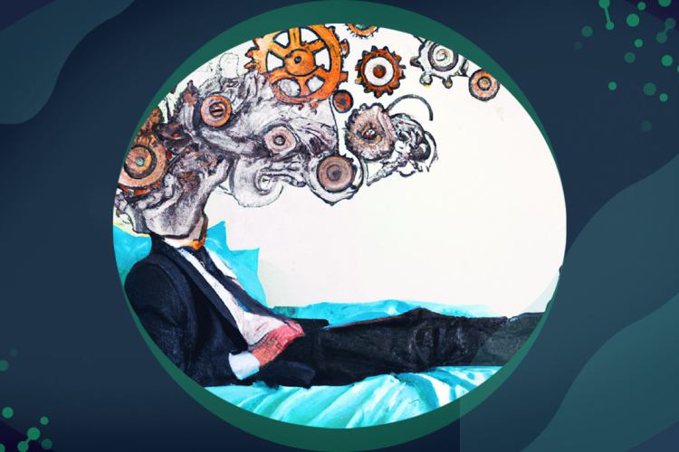  an illustration of a business analyst with gears flying out of his head