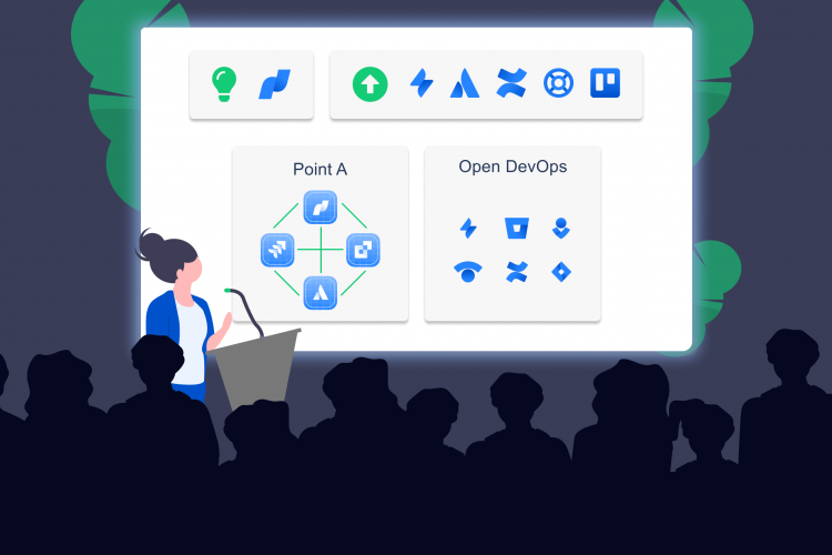 Illustratsioon, kus naine demonstreerib kuulajaskonnale Atlassiani uusi tooteid ja Open DevOps lahendust.