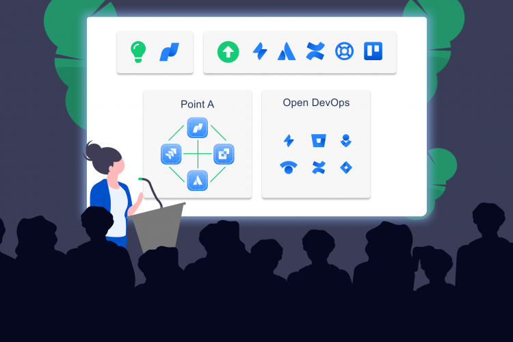 Illustration of a woman introducing to the audience Atlassian's Point A program and Open DevOps experience