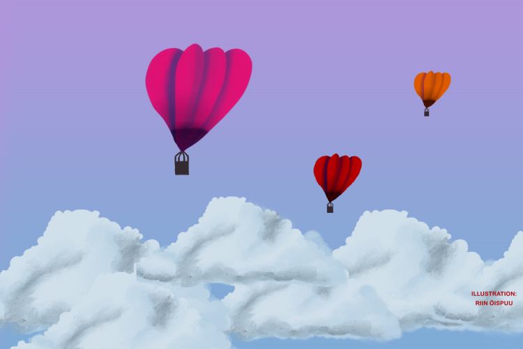 Red-pink hot air balloons flying above the clouds