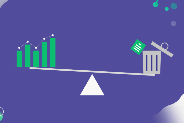 an illustration of weight, with a turnover growth graph at one end and a trash can at the other end