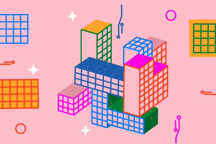 A colourful illustration of abstract, grid-patterned blocks arranged in a 3D structure, surrounded by geometric shapes and circuit-like lines on a pink background.