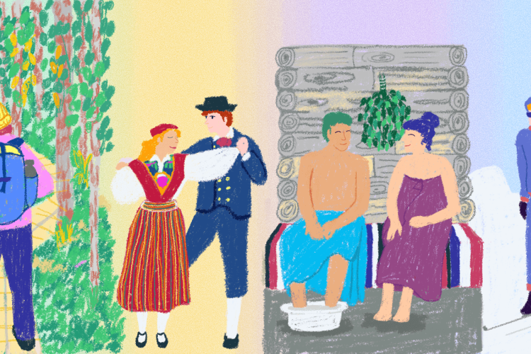 Pilt Eesti traditsioonidest: rahvariietes paar tantsib rahvatantsu, teine paar istub saunas, üks inimene suusatab ja teine jalutab metsas.