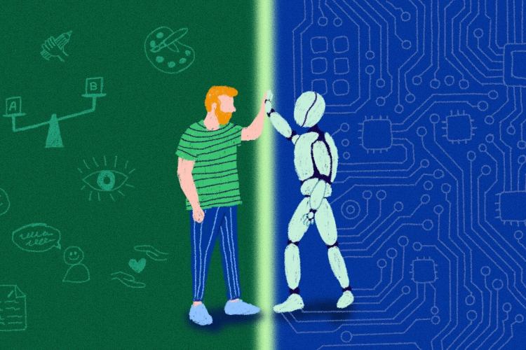 A human and a robot shake hands.