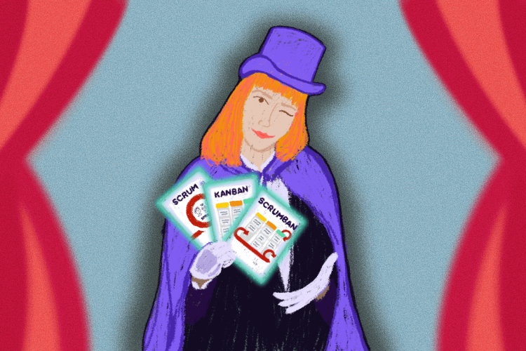 A wizard with cards in his hands with the inscriptions Scrum, Kanban and Scrumban