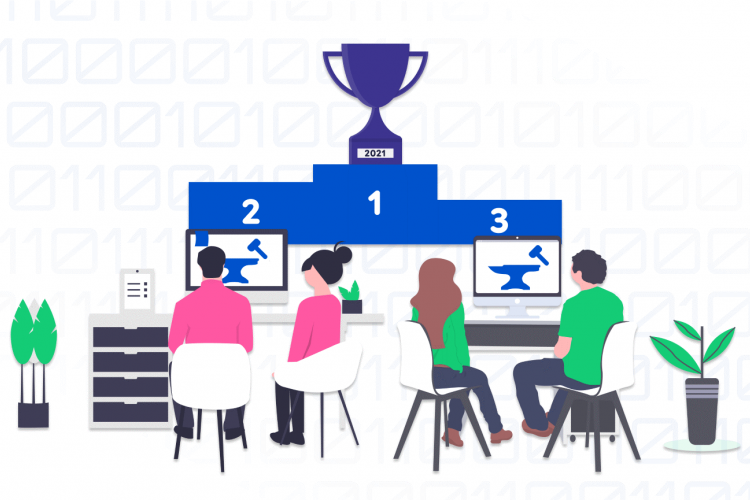 Illustration of four judges deciding on Codegeist hackathon 2021 winners 