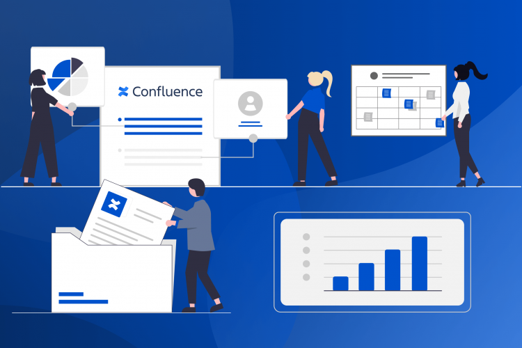 Illustration of people managing different views in Confluence  