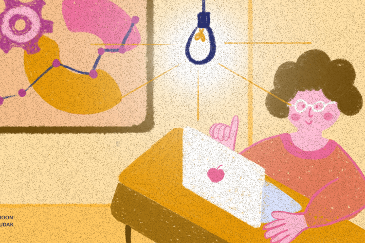 Illustratsioon inimesest, kes töötab sülearvutiga ning viipab mõtlikult; taustal põlev lambipirn ja andmevisualiseering graafiku ning hammasratastega.