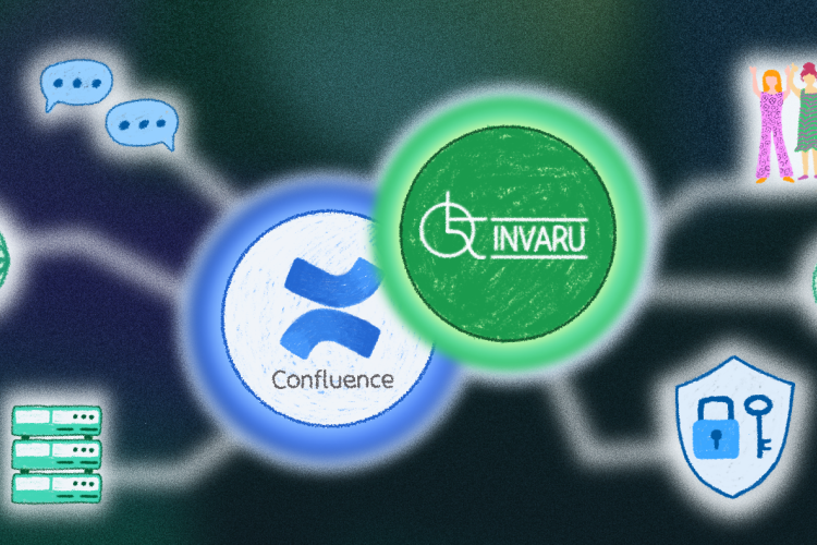 Illustration with Invaru's and Confluence logos that via connect as intranet via different elements. Main colours: green and blue.