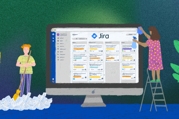 Illustration of people performing cleanup tasks in Jira.