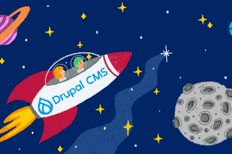 A rocket with "Drupal CMS" written on it moves between planets