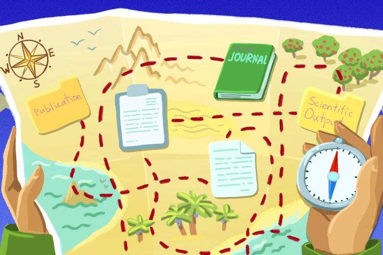 An illustration of a person holding a map and a compass, exploring the journey of scientific research marked with points such as “Publication,” “Journal,” and “Scientific Output.”