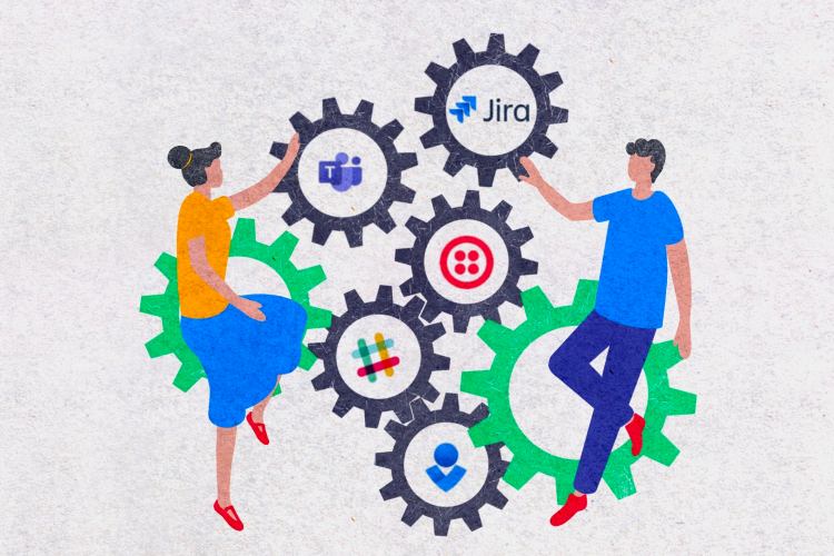 A man and a woman visualizing different Jira Automation integration options with other tools