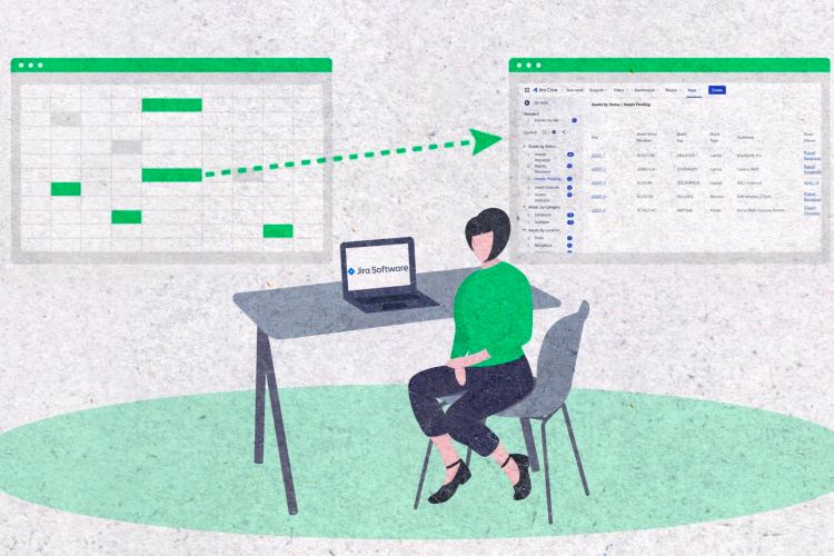 An illustration of a woman behind a table visualizing how to migrate data from Excel to Insight.