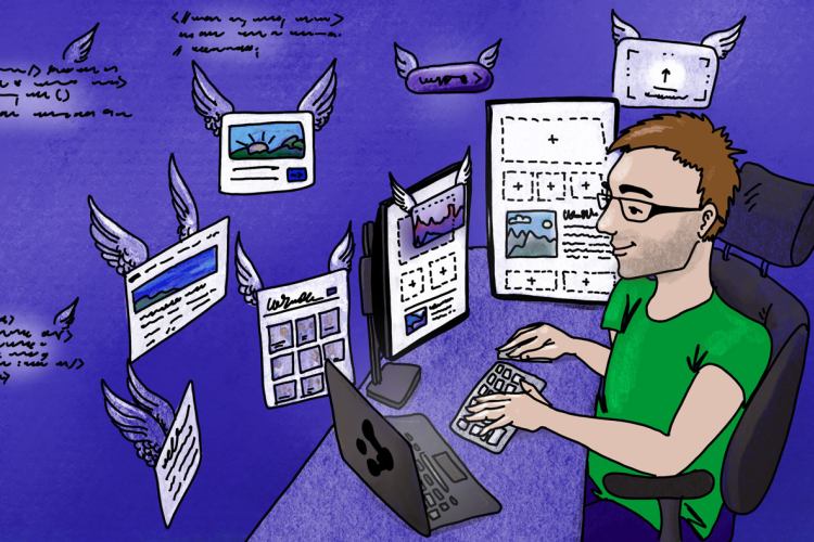 The illustration shows a man working on a laptop, surrounded by winged user interface elements and snippets of code that appear to be floating around him in a creative workflow.