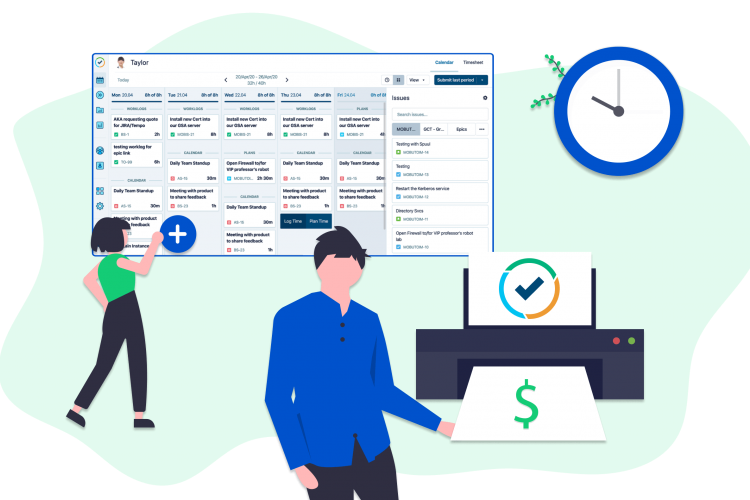   Illustration of a man and woman benefitting from logged time in Tempo Timesheets.