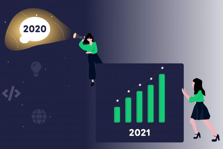 illustratsioon tagasivaatest, kus naine vaatab pikksilmaga aastat 2020 ning tulevikutrendidest, kus naine lükkab ette tulpdiagrammi aastaks 2021