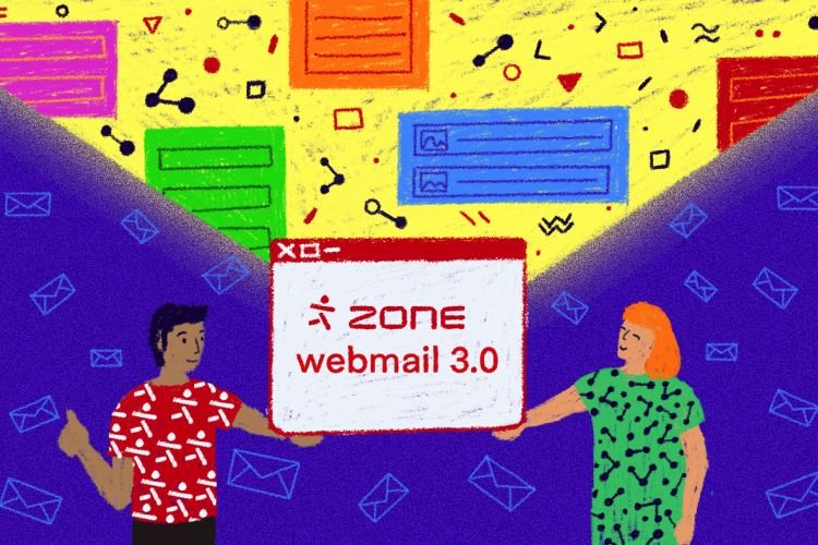 Kaks inimest hoiavad veebibrauseri akent tekstiga "Zone webmail 3.0", nende ümber on värviline digitaalsümbolitega taust ja lendlevad ümbrikud, viidates uuele e-posti teenusele.