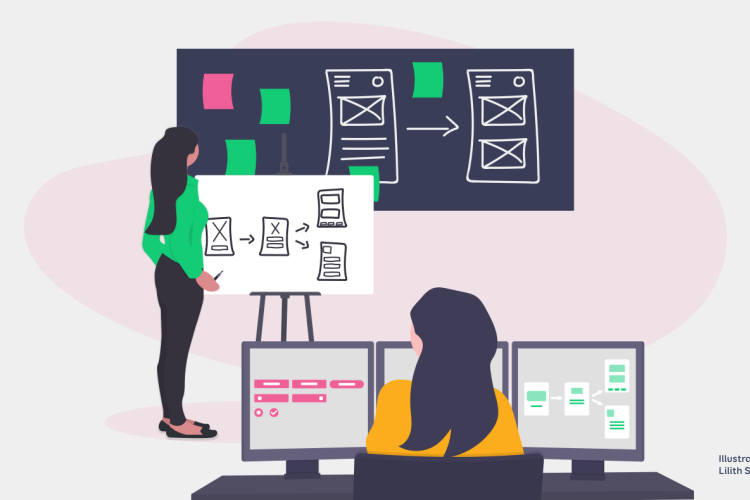 UX designer is drawing the user journey onto the board and UI designer is creating components in computer.